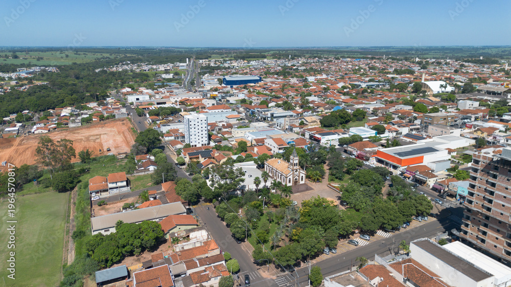 Fototapeta premium Aerial drone view of Bady Bassitt city in Sao Paulo state, Brazil. Residential neighborhoods, urban development and expansion of a small Brazilian town in the countryside