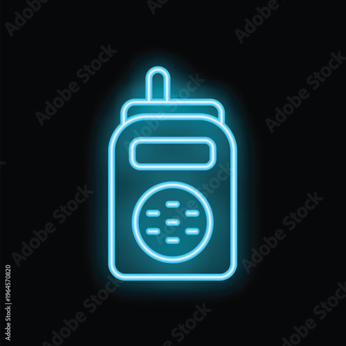Blue neon icon of a walkie talkie radio communication device glowing on a black background