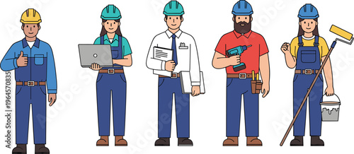 Set of construction and maintenance worker characters, engineer, architect, painter, and technician in safety helmets, professional vector illustration, isolated.