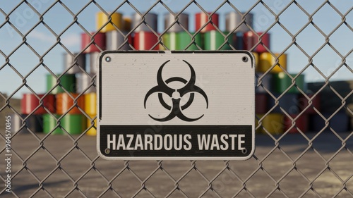 hazardous waste sign on chain link fence with biohazard symbol