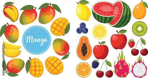 Tropical and fresh fruits collection with mango watermelon citrus berries and exotic varieties colorful vector illustration set isolated on white background