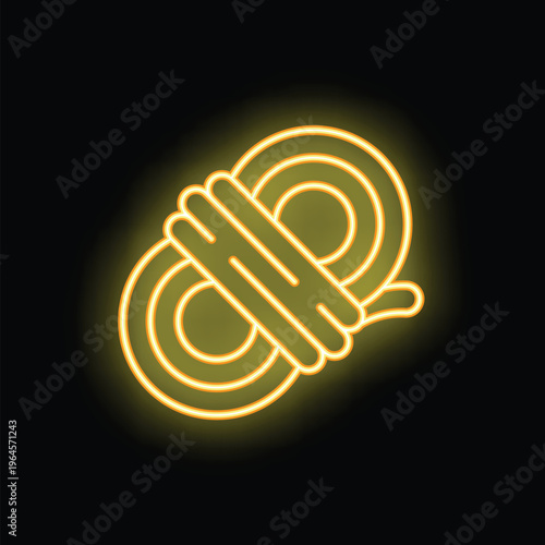 Yellow neon sign illustrating a tightly tied rope knot, symbolizing strength, security, or connection, against a dark background