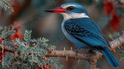 Vibrant Woodland Kingfisher (Halcyon senegalensis) Perched on Thorny Branch with Red Berries, Detailed Wild Bird Close-up in Natural Habitat