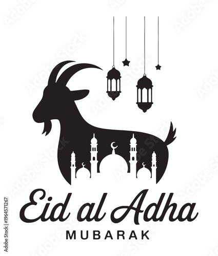 Black Goat Silhouette with Lanterns and Mosque on Eid al Adha Mubarak Greeting Card