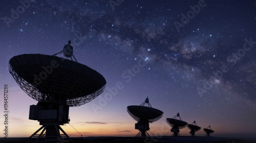 Silhouette of radio astronomy antennas under starry night sky