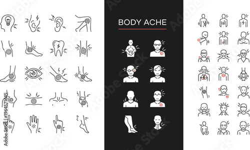 Body ache symptoms icons set with human pain points headache joint muscle and medical condition symbols vector illustration isolated on white background