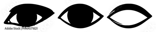 Solid black icon, white background: retina scan eye silhouette set with simple line art design featuring sketches, drawings, vector graphics with minimalist and simple illustrations