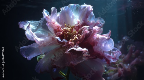 Ethereal underwater peony flower with soft pastel hues illuminated by gentle rays of light creating a serene and tranquil atmosphere in water