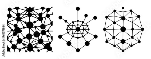 Solid black icon, white background: decentralized network mesh set with simple line art design featuring outline, illustration, graphic elements with clean design and vector art
