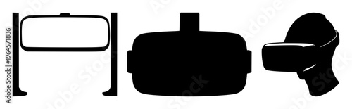 Solid black icon, white background: mixed reality (MR) portal icon set with simple line art design featuring simple design, minimalist, black and white with illustrations and graphics