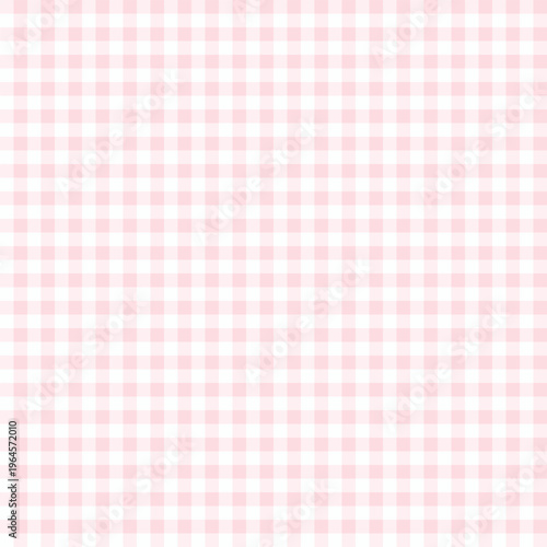 Seamless gingham pattern background, small pink plaid chequered pattern. Pink and white checkered tablecloth. Classic gingham textile fabric texture for picnic tablecloth or kitchen decor.