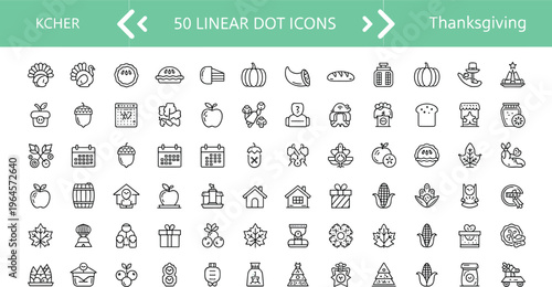 Kitchen and thanksgiving linear dot icons set with food cooking harvest and holiday symbols vector illustration isolated on white background