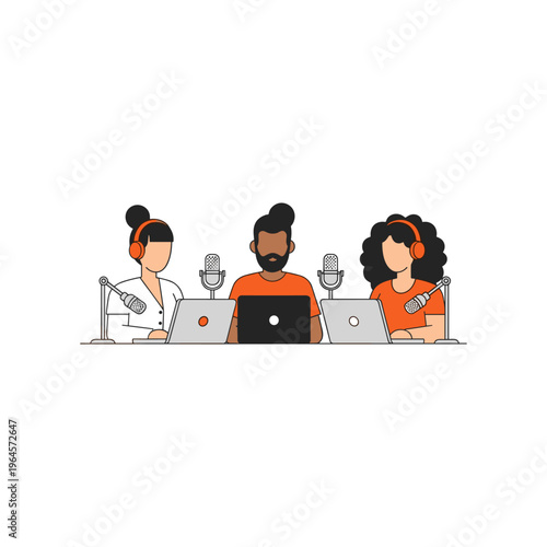 Three podcasters in headphones with microphones and laptops at a table.