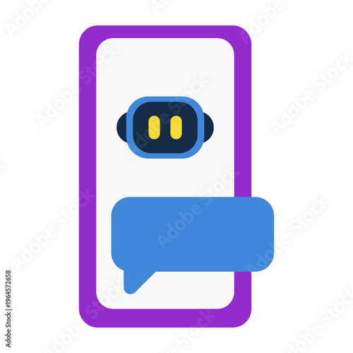 Flat vector illustration of AI chatbot on smartphone screen, representing virtual assistant, messaging automation, and conversational artificial intelligence.
