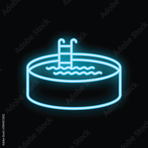 Bright blue neon sign depicting swimming pool with ladder on black background
