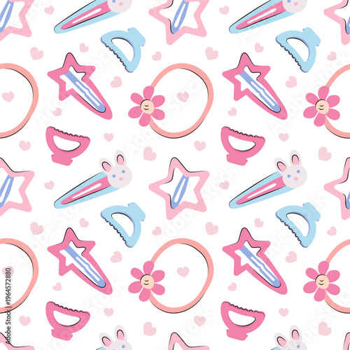 Seamless kawaii pattern with hair accessories for girls. Hairpins, claw, hair bands, hair barrettes in the form of cute bunny, flower, star. Decorative textile print for children fashion, beauty salon