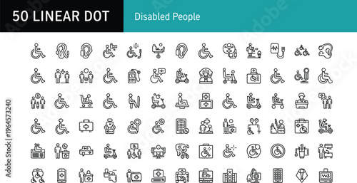 Disabled people linear dot icons set with accessibility wheelchair assistance healthcare and support symbols vector illustration isolated on white background