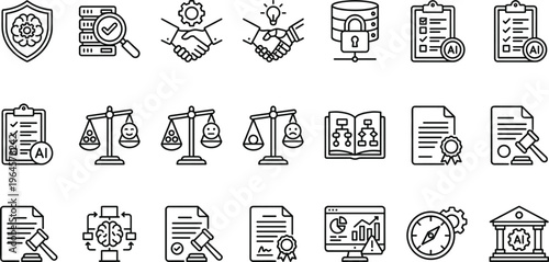 Legal, AI, and Data Privacy Icon Set with Scales, Contracts, and Security Symbols for Websites, Apps, and Digital Media Design