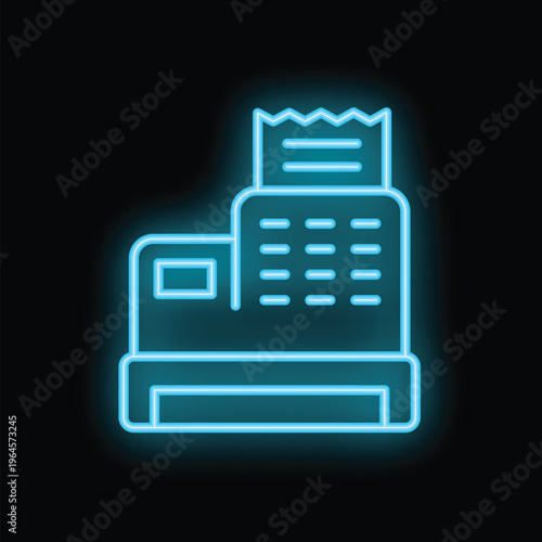 Bright glowing blue neon cash register icon with a receipt printing out on a black background