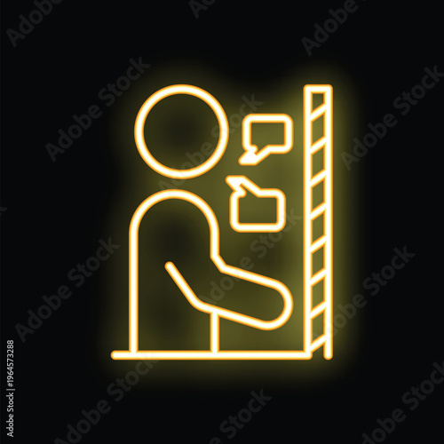 Neon glowing yellow icon representing a businessman reviewing tasks on a kanban board, a project management tool for visualizing work