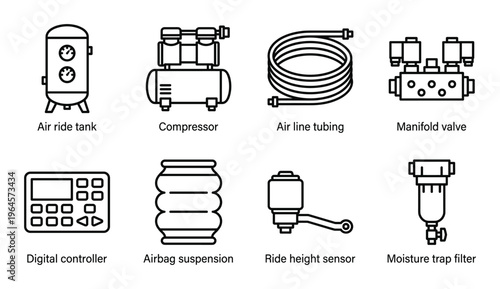 Air ride suspension system parts outline vector icons with labels