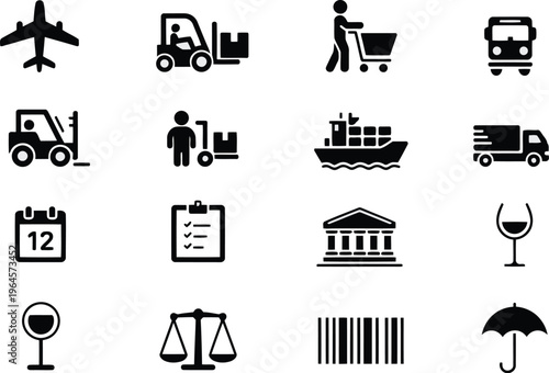 Business and logistics icons set for transportation warehousing and supply chain