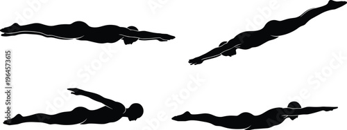 Isometric swimming silhouettes, freestyle stroke, butterfly motion, aquatic sport, fitness activity, dynamic movement, water exercise vector, flavector