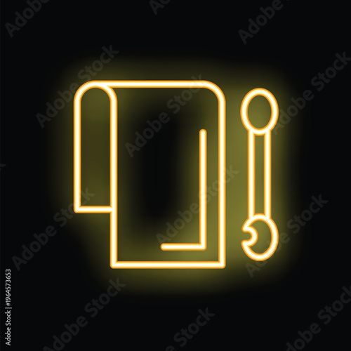Neon yellow icon of a wrench tightening a paper document, representing the concept of legal services