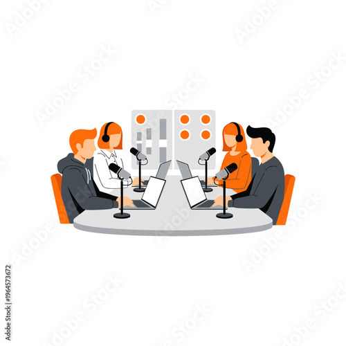 Four podcasters wearing headphones sit at table with microphones and laptops recording audio.