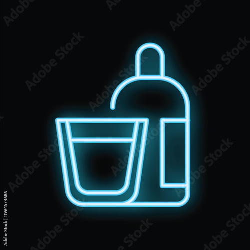 Blue neon sign depicting a bottle and a glass, evoking a bar or nightclub atmosphere