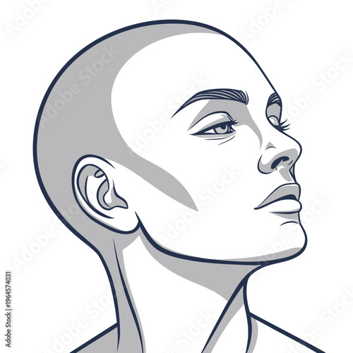 A bald woman's head in profile