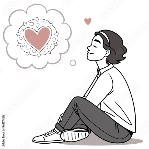 A person sitting on the floor with a heart in their thought bubble