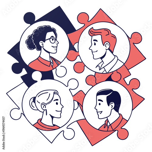 Four people profiles in puzzle pieces