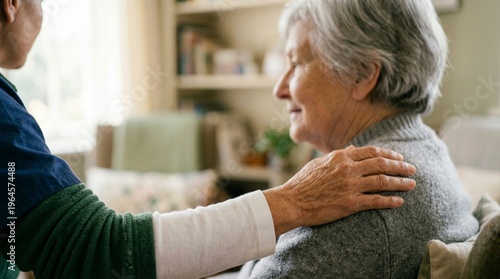 Caring Touch: A compassionate caregiver offers comfort and support to an elderly woman, embodying empathy and human connection. This scene speaks volumes about caregiving