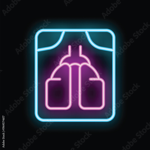 Glowing neon line icon of a chest x ray showing healthy lungs, on a black background