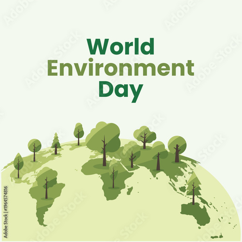 World Environment Day vector illustration, green earth globe with trees and world map, ecological sustainability and nature conservation concept
