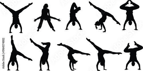 Black silhouettes set of acrobats and gymnasts performing handstands cartwheels and athletic poses isolated on white background for fitness and sports design