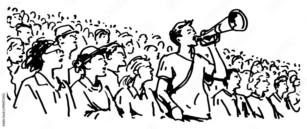 Obraz premium Fans cheering with a megaphone in a crowded stadium minimalist sketch style