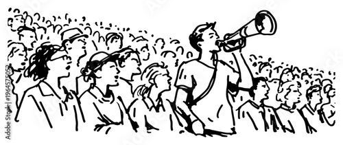 Fans cheering with a megaphone in a crowded stadium minimalist sketch style