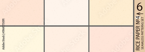 Rice paper texture seamless patterns set with peach, cream, champagne, butter, sand and pinky rose backgrounds with eggshell speckles and flecks. Washi paper vector illustration, elements are isolated