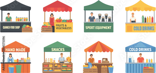 Flat vector illustration of market stalls collection featuring canned food shop, fruits vegetables, snacks, handmade goods and cold drinks vendors