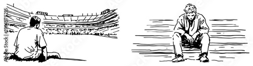 Lonely man sitting on stadium stairs in hand drawn sketchy style