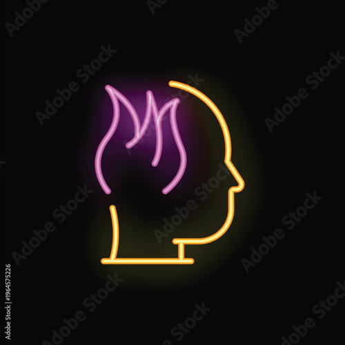 Neon sign illustrating a human head with flames coming out, representing the feeling of being stressed and under pressure