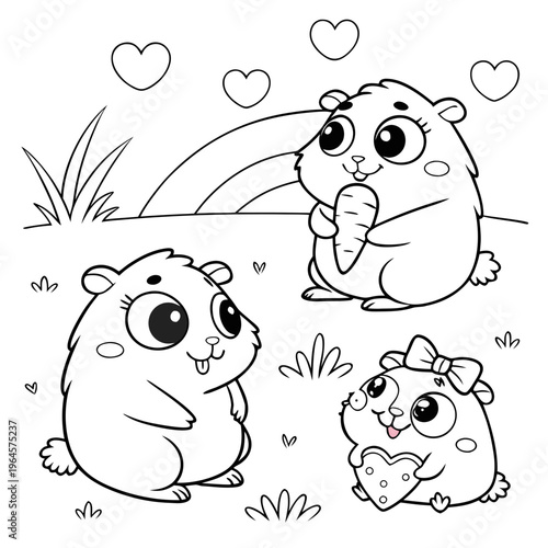 Cute guinea pig characters, black and white coloring page for kids, guinea pigs in different poses, big expressive eyes, round fluffy bodies, tiny paws, smiling faces, simple clean outlin