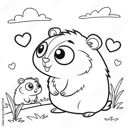 Cute guinea pig characters, black and white coloring page for kids, guinea pigs in different poses, big expressive eyes, round fluffy bodies, tiny paws, smiling faces, simple clean outlin