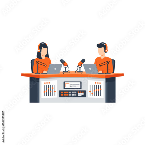 Radio hosts with microphones and laptops at soundboard desk in broadcasting studio recording.