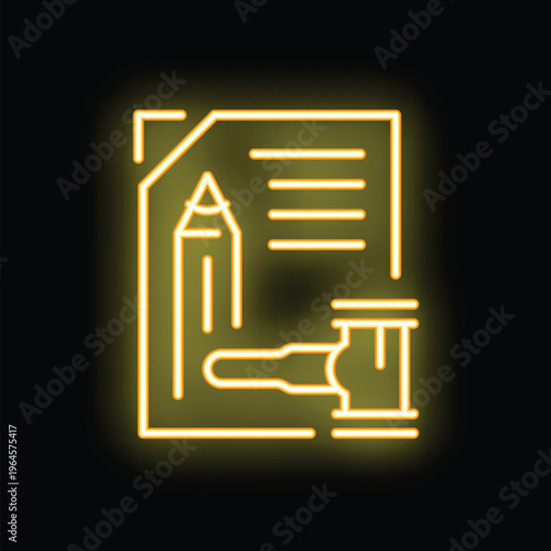 Yellow neon icon representing legal document with gavel and pencil, on a black background