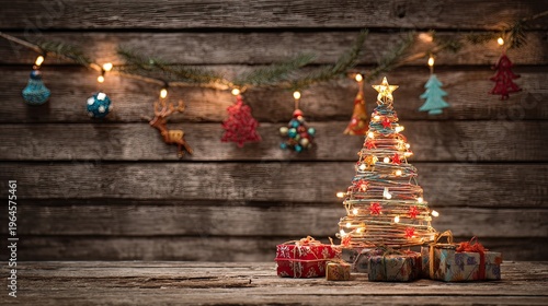 Rustic Christmas decorations with a twig tree and gifts on wooden background