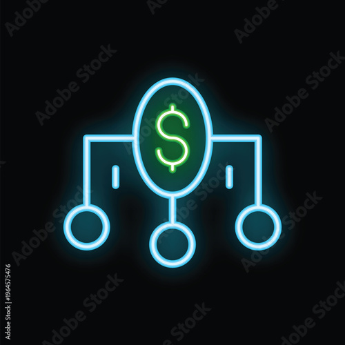 Glowing neon style icon representing a distributed finance system with nodes connected to a central dollar sign