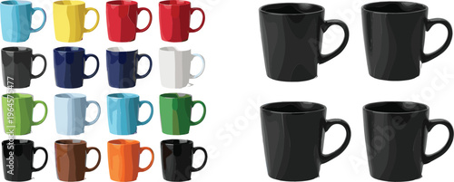 Coffee Mug Vector Collection Featuring Colorful Cups and Black Ceramic Mugs in Different Angles for Kitchen, Beverage, and Product Design